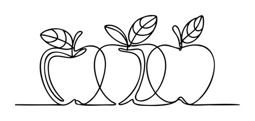 Continuous line drawing of three ripe apples with leaves, representing healthy eating and fresh produce, ideal for food related promotions and visual communication projects.