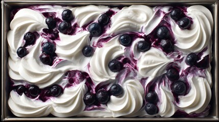 Blueberry cobbler in baking tray, top layer of buttercream whipped to perfection