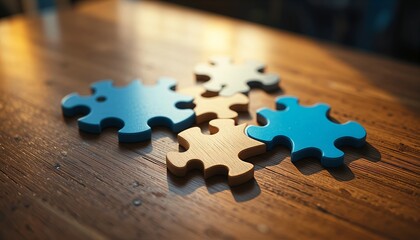 Scattered Jigsaw Puzzle Pieces on Wooden Table Surface Closeup