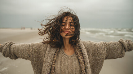 A young woman joyfully embraces the moment at a serene beach, with wind-blown hair and a cozy sweater.