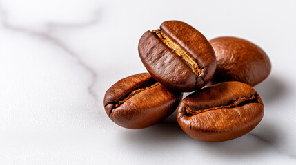 Obraz premium Three Coffee Beans on White Marble with Macro Detail and Negative Space