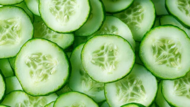 Top View of Fresh Green Cucumber Slices with Seeds and Edges Detail Close Up Natural Lighting Ideal For Backgrounds or Compositions on White Background