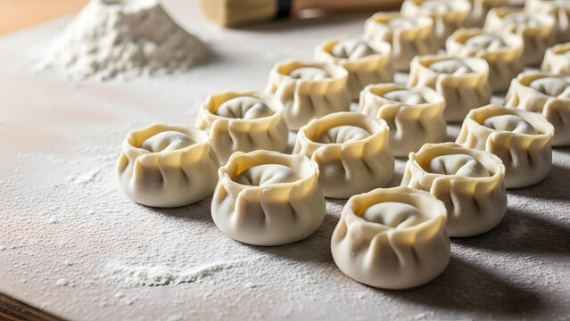 Rows of freshly made uncooked manti dumplings on a floured surface.