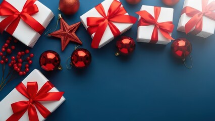 Festive christmas arrangement with gifts ornaments and decorations on a blue background top view