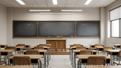 Empty classroom with wooden desks and blackboard for Knowledge Day  