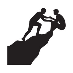 Climber Helping Hand Silhouette, Teamwork and Mountain Assistance Vector.