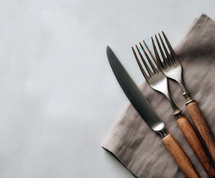 Rustic wooden handled fork and knife resting on a textured cloth napkin