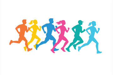 Colorful vector silhouette illustration of a group of men and women running together in dynamic motion. Each runner is designed in a different vibrant color&mdash;orange, yellow, blue, pink, green, and cyan