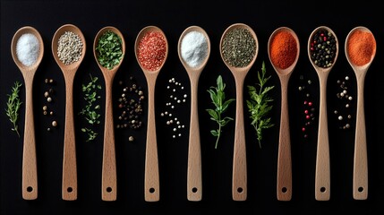 Overhead shot of various spices in wooden spoons arranged on a black surface. Includes salt, pepper, herbs, and other seasonings.