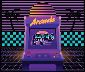 Retro 80s arcade machine illustration with neon lights, vibrant synthwave colors, palm trees, and grid floor. Perfect for gaming posters, nostalgia themes, digital art, and vintage retro designs.