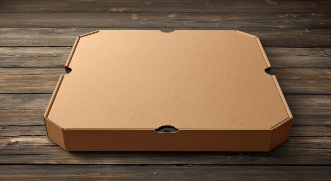 Closed cardboard pizza box sitting on a rustic wooden table surface