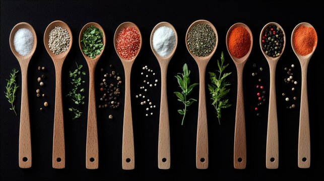 Overhead shot of various spices in wooden spoons arranged on a black surface. Includes salt, pepper, herbs, and other seasonings.
