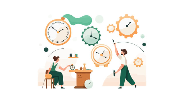 Whimsical clockmaker s shop illustration with intricate gears and vintage tools perfect for creative projects