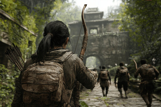 Group of hunters navigating through ancient ruins while carrying bows and arrows in a lush jungle setting