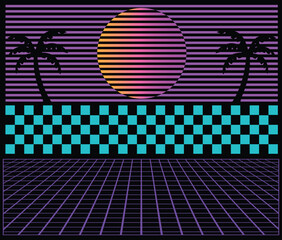 Vaporwave sunset design featuring a glowing retro sun, palm tree silhouettes, neon grid floor, and cyan&ndash;purple checkerboard pattern, creating a bold 80s synthwave nostalgic aesthetic.