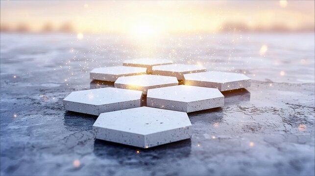 A cluster of hexagonal platforms are illuminated with a bright light and surrounded by glowing particles, set against a concrete surface.