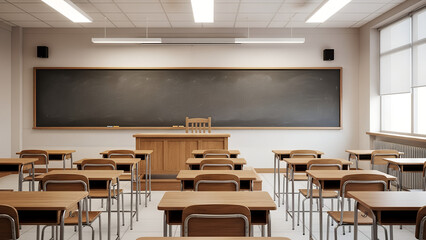 Empty classroom with wooden desks and black chalkboard for Knowledge Day  