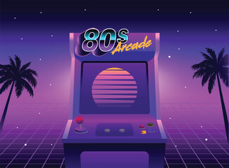 Retro 80s arcade machine illustration with neon lights, vibrant synthwave colors, palm trees, and grid floor. Perfect for gaming posters, nostalgia themes, digital art, and vintage retro designs.