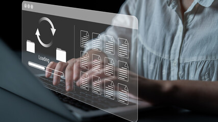 File synchronization or loading interface with progress bar, folders, and documents, symbolizing data backup, transfer, and system update Parse