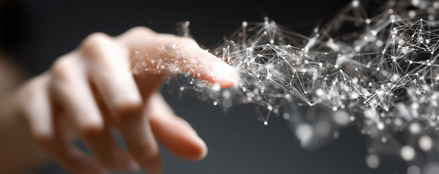 Big Data concept. Digital neural network.Business woman hand touching Introduction of artificial intelligence. Cyberspace of future.Science and innovation of technology