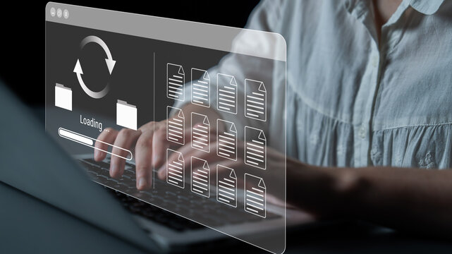 File synchronization or loading interface with progress bar, folders, and documents, symbolizing data backup, transfer, and system update Parse - Powered by Adobe