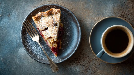 Minimal dessert setup cobbler slice, fork, and coffee cup