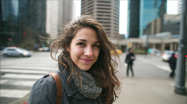 A young woman smiles confidently in the city, showcasing urban life and vibrant energy amidst modern buildings.