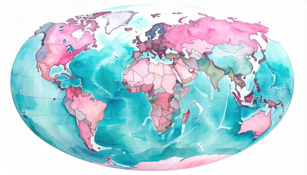 Watercolor World Map: Globe sphere showing eastern hemisphere with delicate country borders and latitude lines
