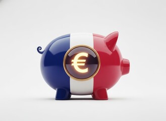 French piggy bank with glowing euro symbol representing savings, finance, investment, national economy and European monetary concept, isolated on white background.