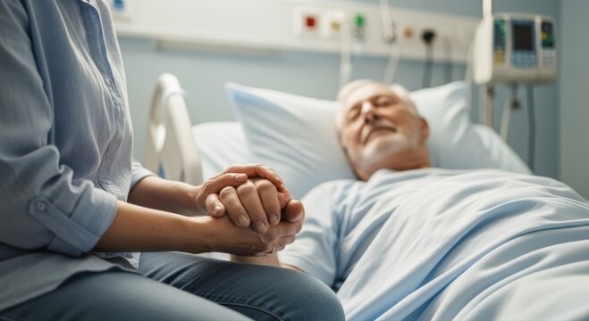 Compassionate loved one tenderly holds an elderly man's hand, offering comfort and unwavering support through his challenging medical recovery