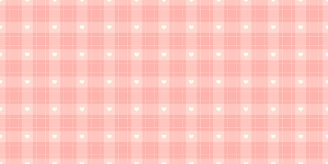 Cute pink checkered pattern with tiny white hearts. Girly wrapping paper for birthday, Valentine and holidays. Cozy childish background. Tartan plaid fabric or textile. Vector illustration wallpaper