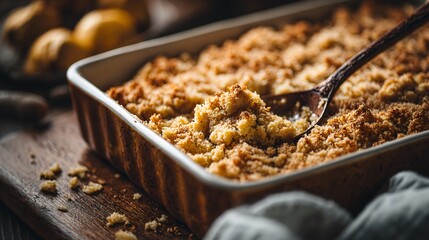 Rustic aesthetic baking dish with cobbler, crumbs, and old spoon