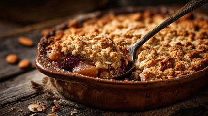 Rustic aesthetic baking dish with cobbler, crumbs, and old spoon