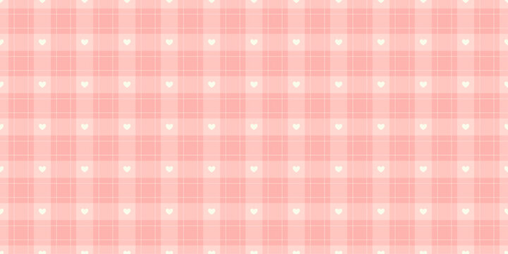 Cute pink checkered pattern with tiny white hearts. Girly wrapping paper for birthday, Valentine and holidays. Cozy childish background. Tartan plaid fabric or textile. Vector illustration wallpaper
