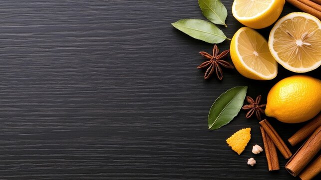 Overhead shot of lemons, cinnamon sticks, star anise, and leaves arranged on a dark wooden surface, creating a visually appealing composition. - Powered by Adobe