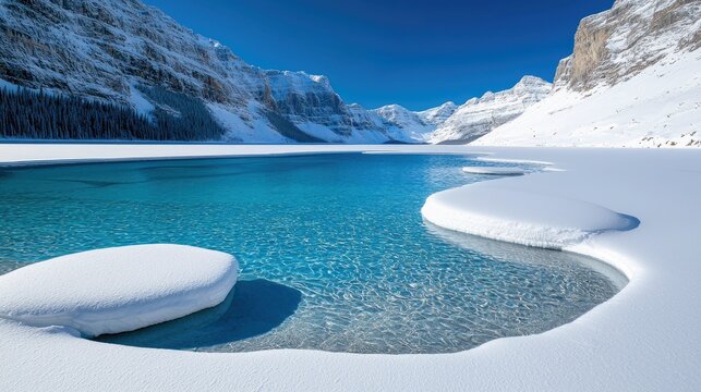 A stunning winter landscape featuring a turquoise lake surrounded by snow-covered mountains under a bright blue sky. The image captures the serene beauty of the