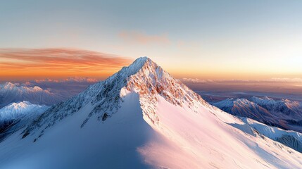 A majestic snow-covered mountain peak is bathed in the warm light of a sunset, with a clear sky above.