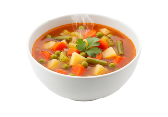 A steaming bowl of hearty vegetable soup brimming with colorful diced carrots peas potatoes and green beans in a rich broth