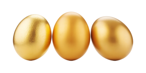 Three golden eggs in a row isolated on white background