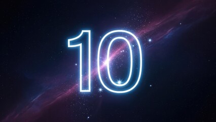 Neon Number Ten Glowing in Space with Light Effects.