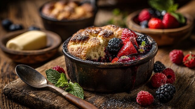 Rustic wood setup cobbler served with butter knife and berries scattered