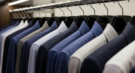 Impeccable men's blazers and shirts display a luxurious, curated collection of formal apparel, ready for discerning professionals seeking sophisticated business or elegant occasion wear