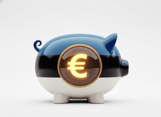 Estonian piggy bank with glowing euro symbol representing national savings, finance, investment, digital economy and eurozone concept, isolated on white background.
