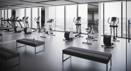 Modern luxury gym interior, empty and pristine, showcases sleek fitness equipment and panoramic urban skyline views, inspiring health and wellness dedication