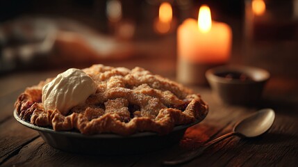 Warm cozy mood cobbler on wood, candlelight in background