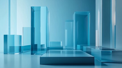 Obraz premium A minimalistic 3D composition featuring two transparent glass spheres placed on soft curved white-blue platforms. Clean pastel blue background, smooth gradients, soft shadows, glossy reflections, high