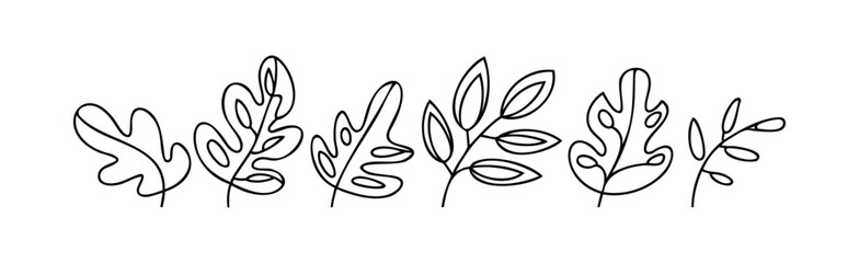 Fototapeta premium Line drawing collection of various organic leaf shapes and branches for natural botanical themes and springtime decor applications.