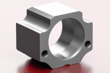 Titanium robotic spline adapter block with internal taper cavity and CNC-milled chamfers on mint-rose background