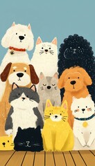 Cute hand-drawn illustration, group of dogs & cats sitting together, pet shop poster, veterinary clinic.adorable background, mobile wallpaper, greeting card. animal care adoption flyer. children book