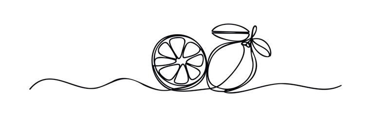 Simple line drawing of a citrus fruit slice and whole citrus fruit with leaves, perfect for food and beverage themes, refreshing concepts, and healthy lifestyle visuals.